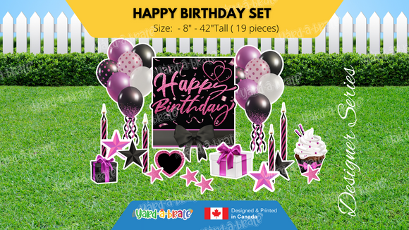Happy Birthday - Pink-Black-Purple Glitter Style Package (Total 19 pcs) | Yard Sign Outdoor Lawn Decorations | Yardabrate Designer Series