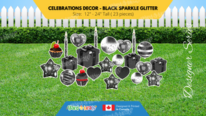 Celebrations Decor - Black Sparkle Glitter - 12" - 24" Decors -  (Total 23 pcs) | Yard Sign Outdoor Lawn Decorations | Yardabrate Designer Series