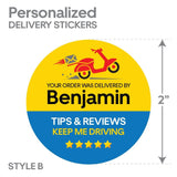 Personalized! Generic 2"x2" "Tips & Reviews Keep Me Driving" Delivery Bag Stickers | 20 Stickers Per Sheet- Food Delivery