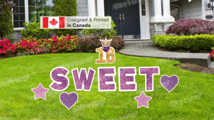 Sweet 16 Purple Package – SWEET 18" Tall + 16&Crown Sign 18" Tall + Decors 12" Tall (Total 10pcs)  | Yard Sign Outdoor Lawn Decorations