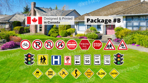 Cars and Road Signs Package – Traffic Light 16” Tall + Road Signs 14” Tall  (Total 12pcs or 25pcs) |Yard Sign Outdoor Lawn Decorations