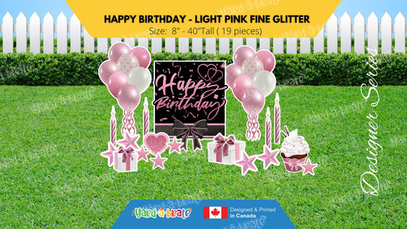 Happy Birthday - Light Pink Fine Glitter Style Package (Total 19 pcs)  | Yard Sign Outdoor Lawn Decorations | Yardabrate Designer Series