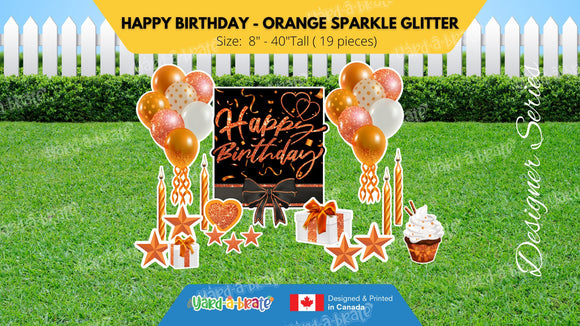 Happy Birthday - Orange Sparkle Glitter Style Package (Total 19 pcs)  | Yard Sign Outdoor Lawn Decorations | Yardabrate Designer Series
