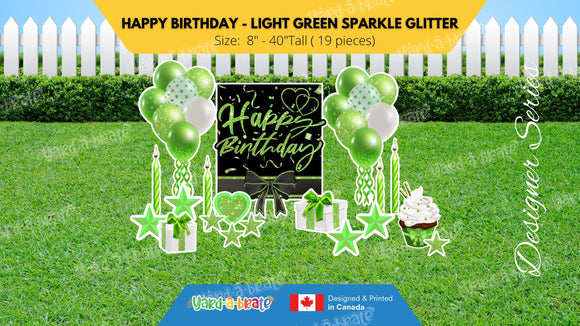 Happy Birthday - Light Green Sparkle Glitter Style Package (Total 19 pcs)  | Yard Sign Outdoor Lawn Decorations | Yardabrate Designer Series
