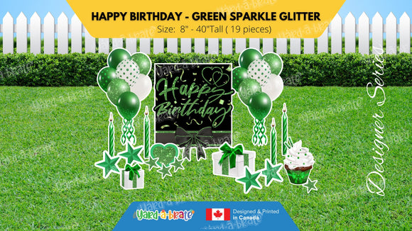 Happy Birthday - Green Sparkle Glitter Style Package (Total 19 pcs)  | Yard Sign Outdoor Lawn Decorations | Yardabrate Designer Series