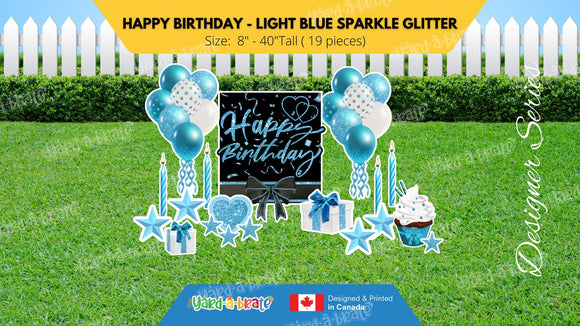 Happy Birthday - Light Blue Sparkle Glitter Style Package (Total 19 pcs)  | Yard Sign Outdoor Lawn Decorations | Yardabrate Designer Series