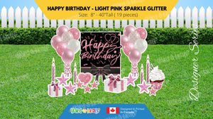 Happy Birthday - Light Pink Sparkle Glitter Style Package (Total 19 pcs)  | Yard Sign Outdoor Lawn Decorations | Yardabrate Designer Series