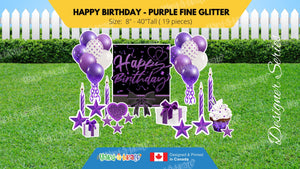 Happy Birthday - Purple Fine Glitter Style Package (Total 19 pcs)  | Yard Sign Outdoor Lawn Decorations | Yardabrate Designer Series