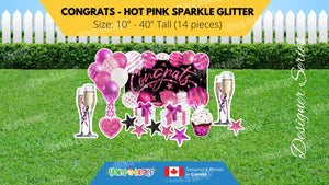 Congrats - Hot Pink Sparkle Glitter Style Package (Total 14 pcs) | Yard Sign Outdoor Lawn Decorations | Yardabrate Designer Series
